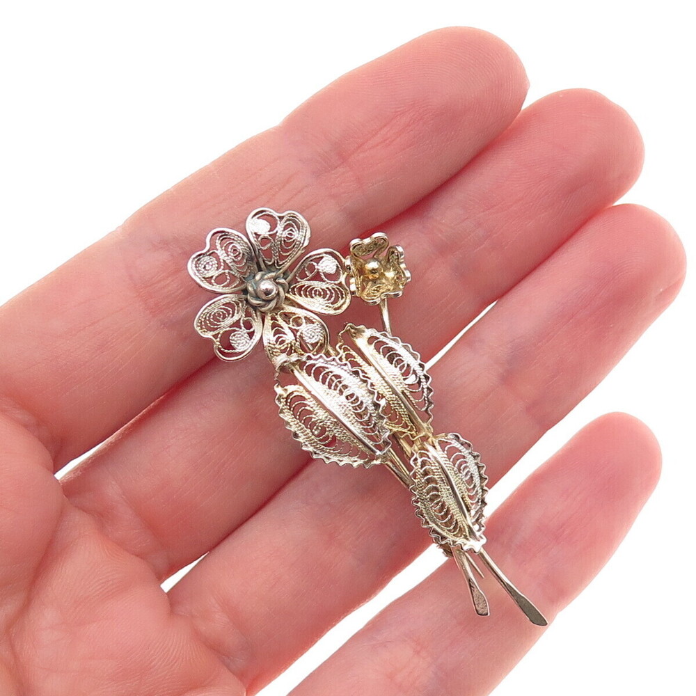 800 Silver Gold Plated Vintage Italy Floral Filigree Pin Brooch